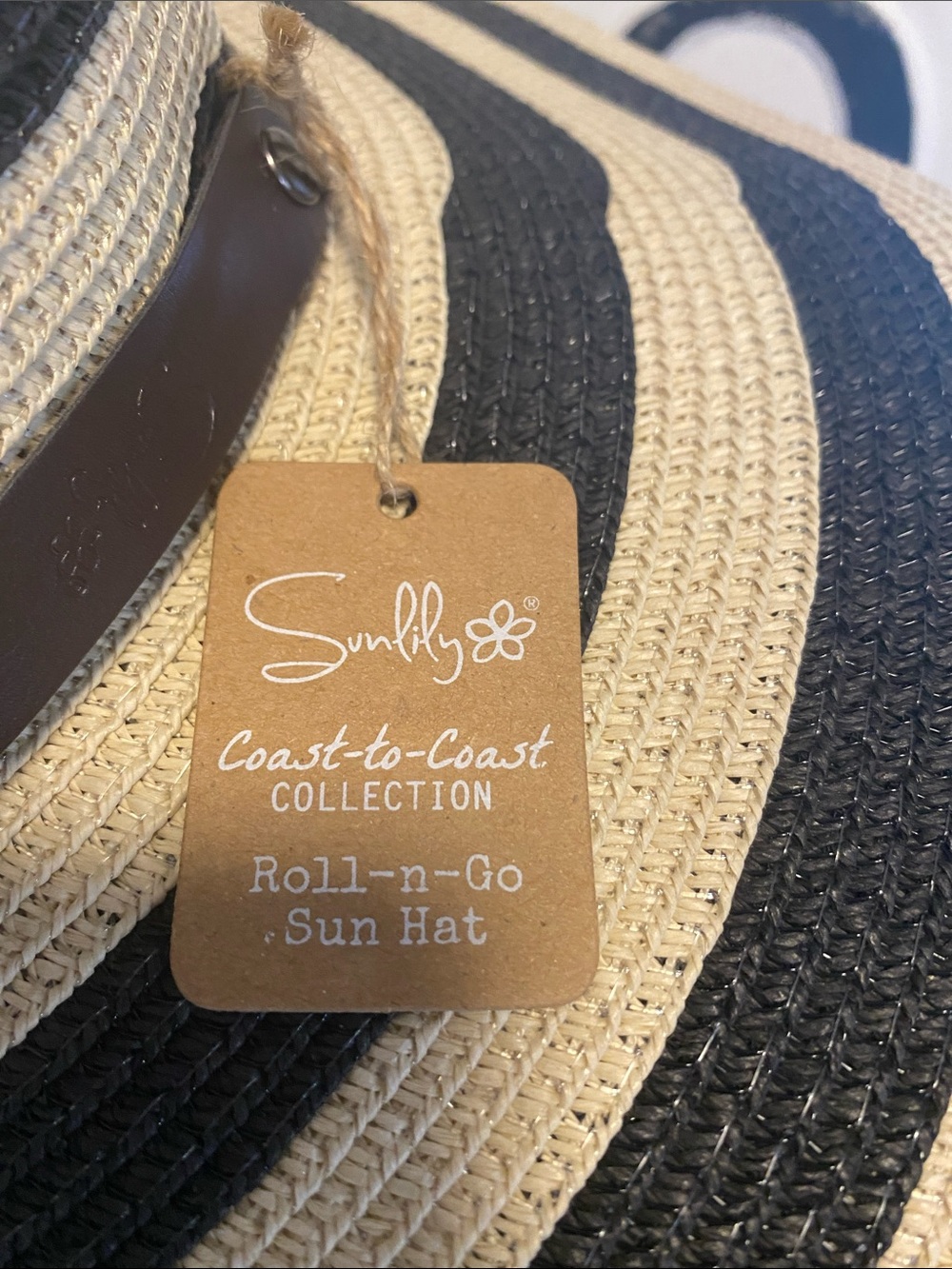 Striped Wide Brim Straw Sun Hat in Black and Natural - Picture 2 of 3
